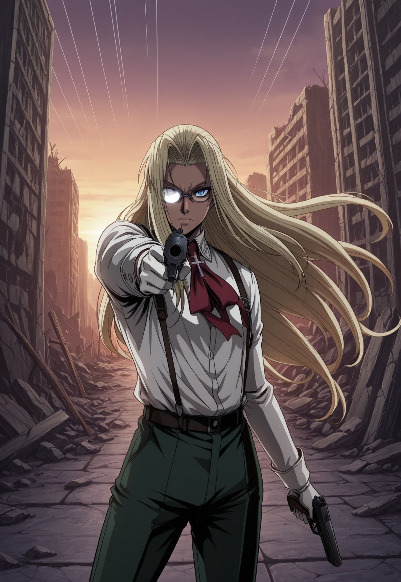 masterpiece,best quality,amazing quality, IntegraHellsing, 1girl, solo, blonde hair, very long hair, dark skin, blue eyes, partially opaque glasses, red ascot, cross, white shirt, white gloves, green pants, emphasis lines, ruins, dawn, dynamic pose, perspective, weapon, gun, handgun, holding, holding gun, pointing at viewer, angry, floating hair, cowboy shot