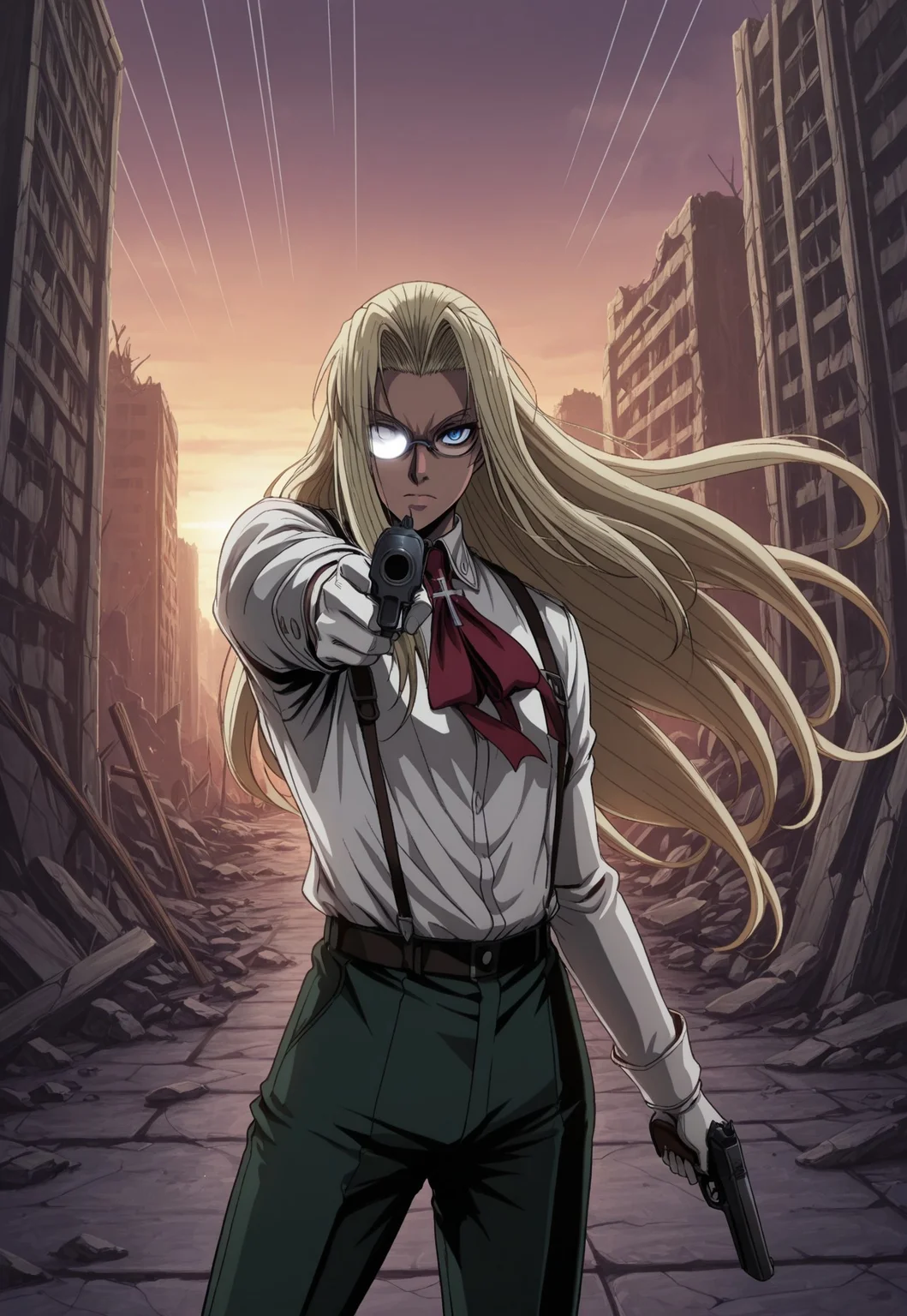 masterpiece,best quality,amazing quality, IntegraHellsing, 1girl, solo, blonde hair, very long hair, dark skin, blue eyes, partially opaque glasses, red ascot, cross, white shirt, white gloves, green pants, emphasis lines, ruins, dawn, dynamic pose, perspective, weapon, gun, handgun, holding, holding gun, pointing at viewer, angry, floating hair, cowboy shot