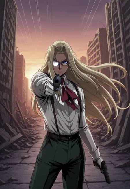 masterpiece,best quality,amazing quality, IntegraHellsing, 1girl, solo, blonde hair, very long hair, dark skin, blue eyes, partially opaque glasses, red ascot, cross, white shirt, white gloves, green pants, emphasis lines, ruins, dawn, dynamic pose, perspective, weapon, gun, handgun, holding, holding gun, pointing at viewer, angry, floating hair, cowboy shot
