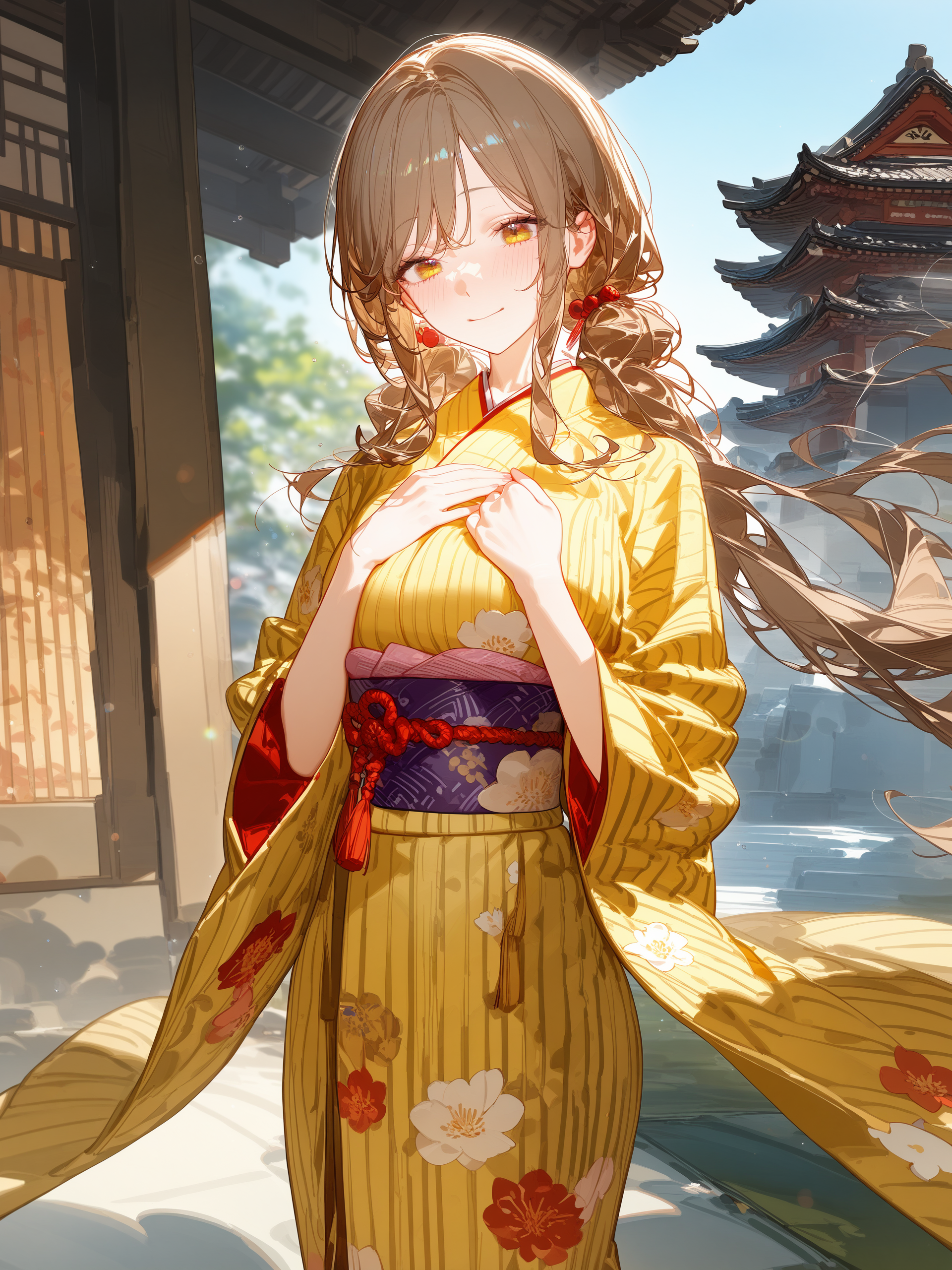 1girl, sena ajisai, solo, kimono, low twintails, obi, sash, tabi, standing, cowboy shot, hands on own chest, light smile, east asian architecture, outdoors, blurry background, masterpiece <lora:Char-Sena_Ajisai-V1-SDXL:0.9>, illustration, incredibly absurdres, ultra detailed, masterpiece, best quality, perfect features, intricate details, ray tracing, very aesthetic, (hitenkei, askzy:0.4), [<lora:XL-detailed_notrigger:0.95>::0.5], [:<lora:XL-aesthetic_anime:1.2>:0.5]
