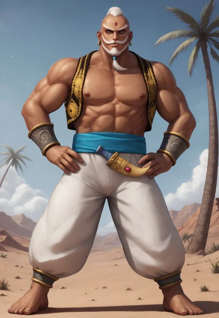 score_9, score_8_up, cartoon, AzamSF, white hair, mohawk with long ponytail, forehead jewel, brown eyes, beard, mustache, dark skin, muscular, earrings, vest, wristbands, blue sash, white baggy pants, sheathed dagger, looking at viewer, smile, dynamic pose, detailed background, dutch angle, full body, hands on hips, desert, blue sky, clouds, (oasis), palm tree, front view, nipples, barefoot, gust of wind, spread legs, dust particles,