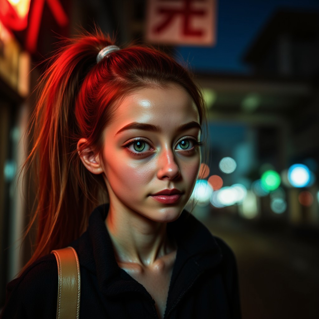 This picture is of an 18 year old pale skinned european LiviaFerreira woman who has very pretty petite facial features and very long red wavy hair in high pony tail, her eyes are bright piercing green and the iris detail is visible.
The setting is a post apocalypse city street at night with red neon japanese signage steam and smoke rise from a drain the atmosphere is close and heavy, there are sky scrapers in background the sky is inky and dark. 
This is a super close up of her face with the camera focus on her bright green detailed eyes, her eyes are bright and in focus, 3Y3.