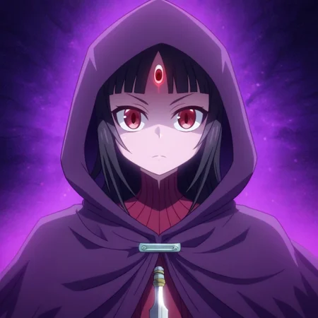 mana_sk style, portrait, focus on face, a mysterious shadow assassin girl with sleek black hair and sharp crimson eyes, wearing a hooded cloak lined with dark purple accents, her face partially hidden by shadows, faint glimmers of daggers in her hands, Japanese RPG style, stealthy and enigmatic atmosphere, intricate details on her cloak and dagger glimmers