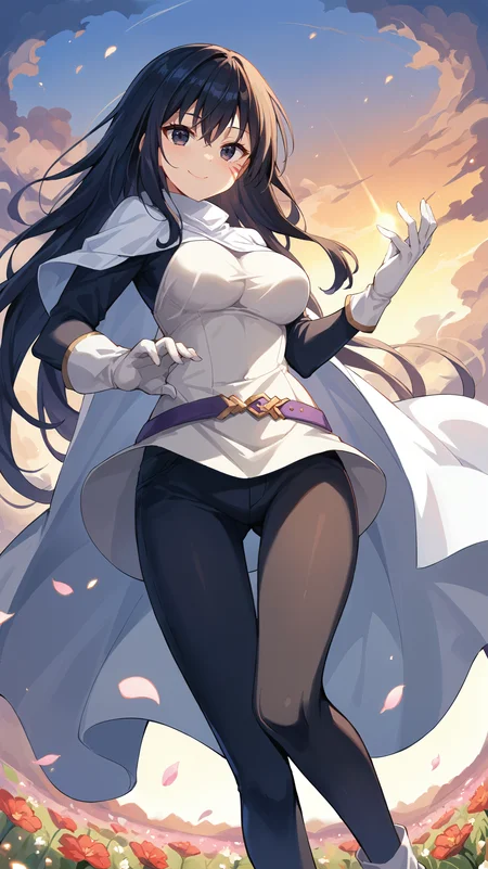 score_9,score_8_up,score_7_up,score_6_up, source_anime, zPDXL3, <lora:xl_more_art-full_v1:0.5>, girl, dynamic pose, touching toes, <lora:Shizue Izawa - Pony-000004:0.8>, white shirt, white cape, black pants, long hair, black hair, dark blue eyes, white gloves, face markings, purple belt, light smile, flower field, windy, sunset, falling petals,