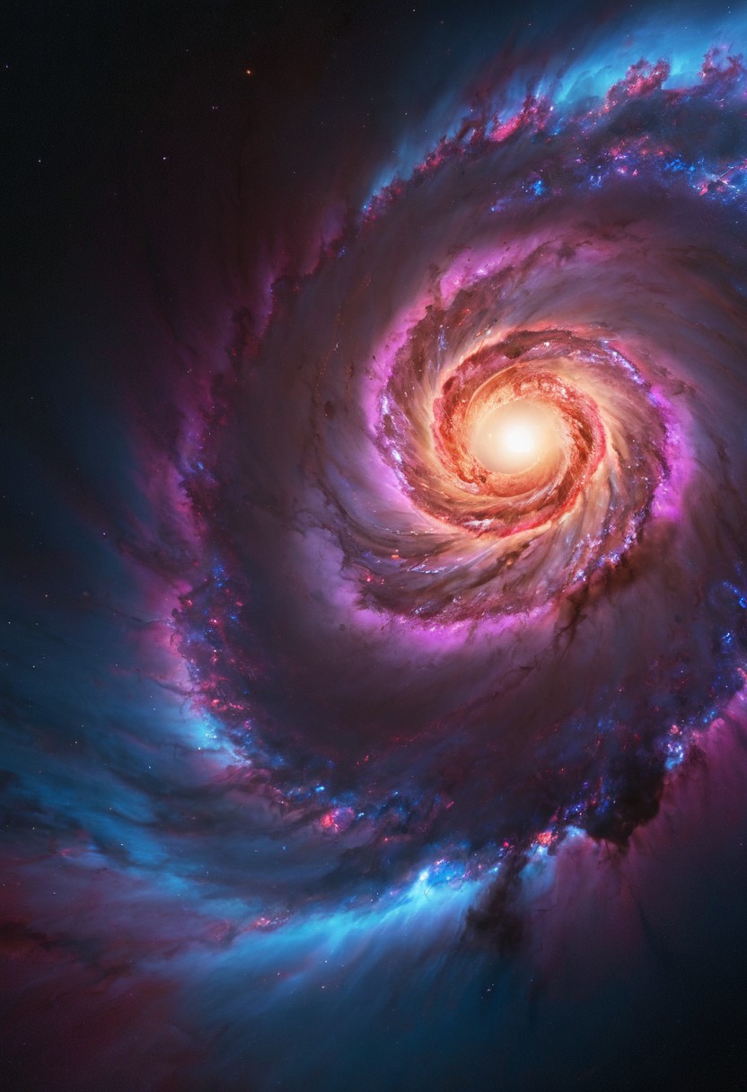 a dynamic and breathtaking image of the universe with vibrant colors and dramatic lighting. Show a swirling nebula in the foreground with bright, intense hues of blue, purple, and pink. In the background, depict a distant galaxy with spiraling arms and scattered stars. Include a supernova explosion, radiating brilliant light, and a mesmerizing black hole at the center, with cosmic debris swirling around it. Add a hint of distant planets and asteroids to create a sense of scale and depth. Make the entire scene feel alive and constantly in motion.