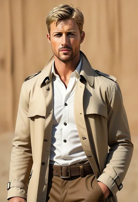 score_9, score_8_up, score_7_up, score_6_up, perfect anatomy, perfect proportions, best quality, masterpiece, high_resolution, high quality, aesthetic, absurdres, (male focus), solo male, adult, mature, masculine, manly, handsome, charming, alluring, cowboy shot, dutch angle, Reiner Braun, blond hair, short hair, stubble, facial hair, hazel eyes, white collared shirt, tan trench coat, (open coat:1.2), olive green pants, black combat boots, standing, upper body, photo background