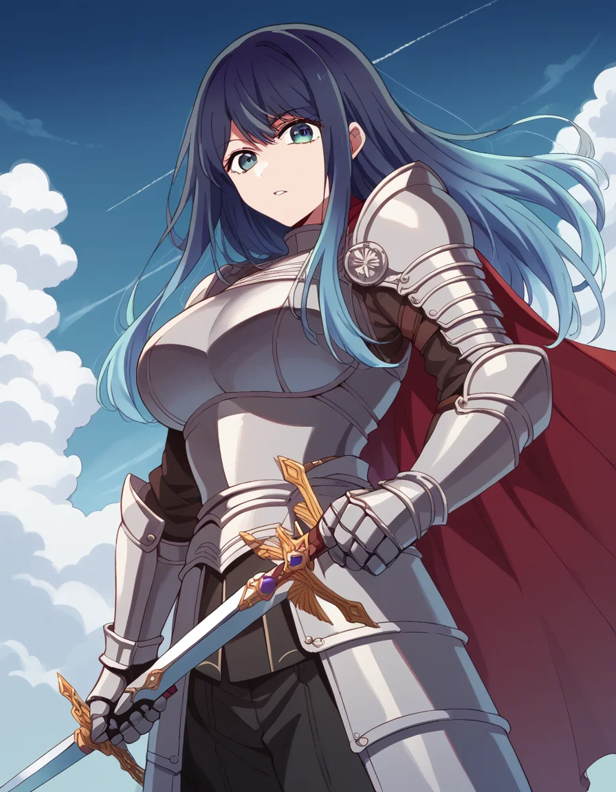 score_9, score_8_up, score_7_up, source_anime, <lora:akane-kurokawa-s2-ponyxl-lora-nochekaiser:1>, akane kurokawa, long hair, bangs, blue eyes, large breasts, black hair, blue hair, multicolored hair, gradient hair,, <lora:knight-ponyxl-lora-nochekaiser:1>, knight, armor, cape, sword, weapon, holding weapon, shoulder armor, gauntlets, helmet, pauldrons, red cape,, blue sky, clouds, from below, parted lips, looking at viewer