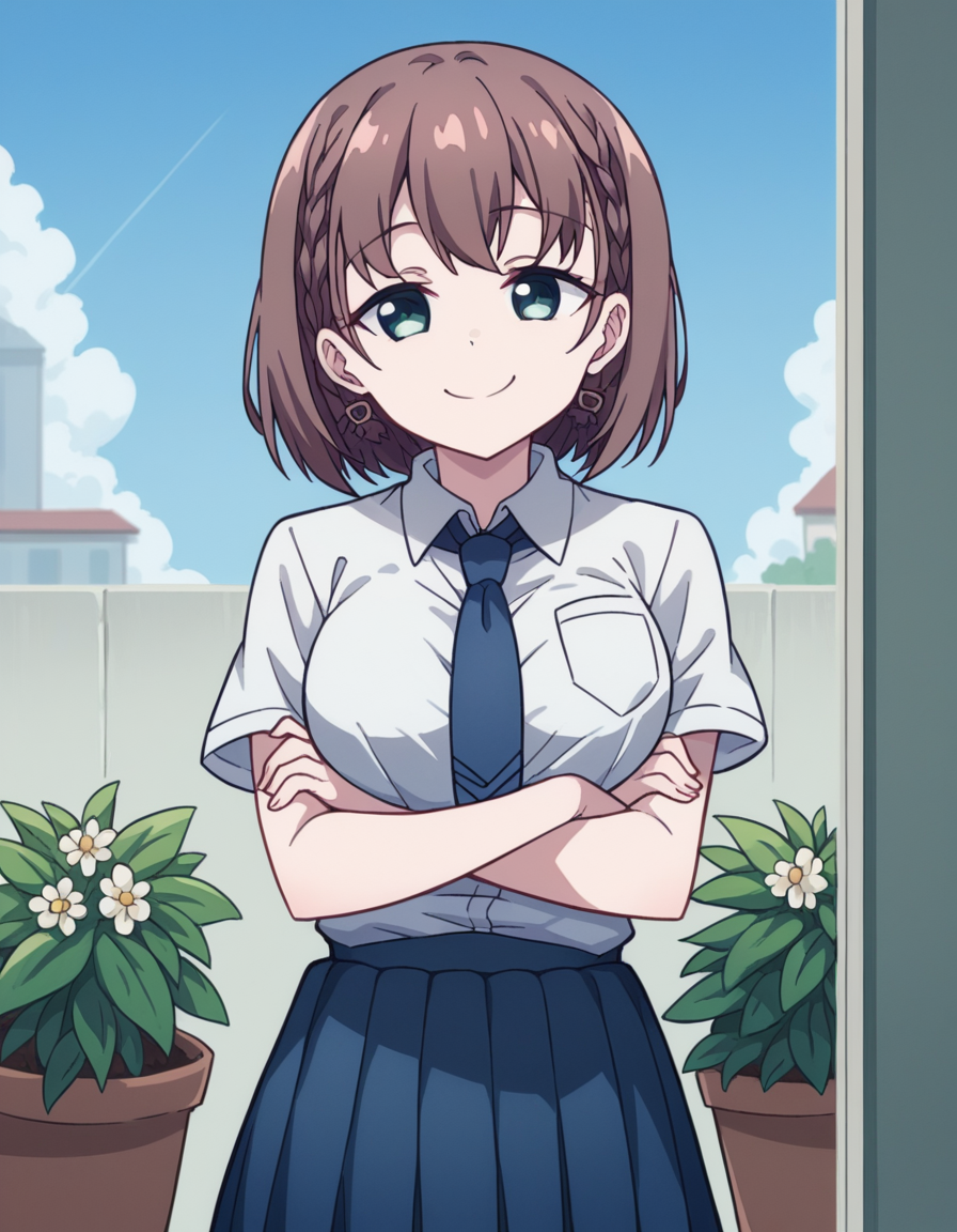 score_9, score_8_up, score_7_up, source_anime, <lora:tawawa-ai-s1-ponyxl-lora-nochekaiser:1>, ai, short hair, brown hair, green eyes, braid, side braid, large breasts,, skirt, shirt, jewelry, school uniform, white shirt, short sleeves, pleated skirt, earrings, necktie, collared shirt, blue skirt, blue necktie,, gardening, watering plants, backyard, flowers blooming, sunny day,, , , crossed arms, smile, smug, solo,, cowboy shot, dutch angle