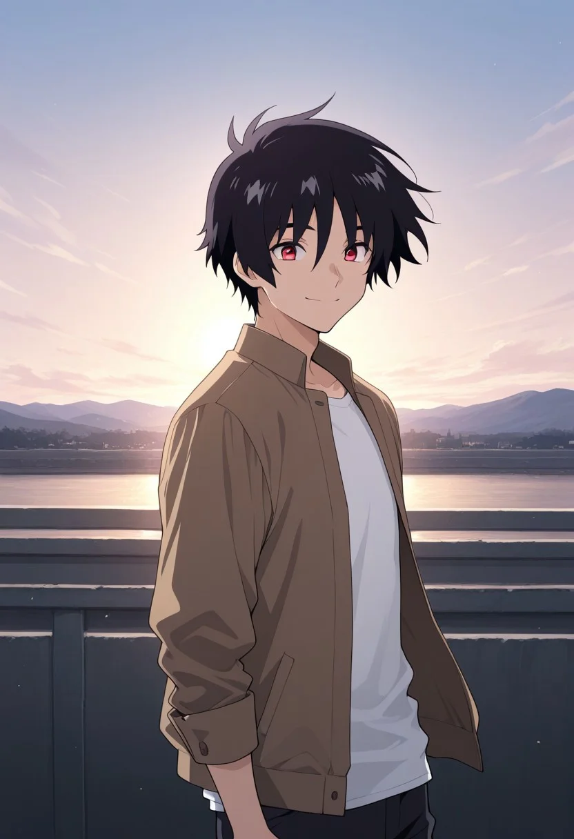 masterpiece,best quality,amazing quality, source_anime, 
ShinnAsuka, 1boy, male focus, solo, red eyes, black hair, casual, shirt, white shirt, jacket, brown jacket, open jacket, smile, outdoor, sky,