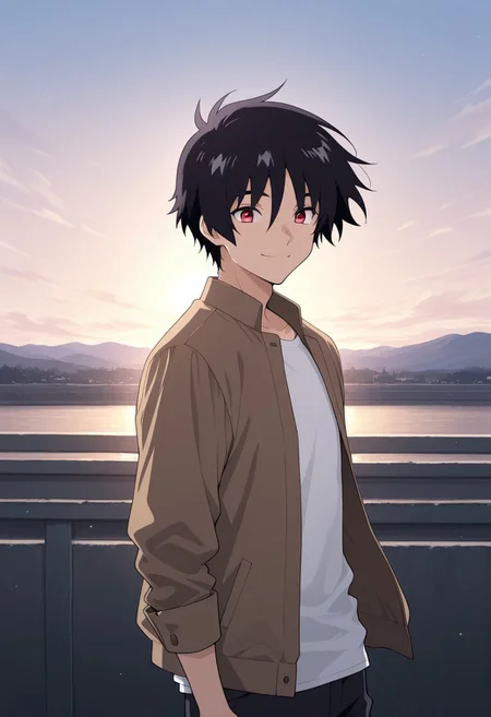 masterpiece,best quality,amazing quality, source_anime,
ShinnAsuka, 1boy, male focus, solo, red eyes, black hair, casual, shirt, white shirt, jacket, brown jacket, open jacket, smile, outdoor, sky,