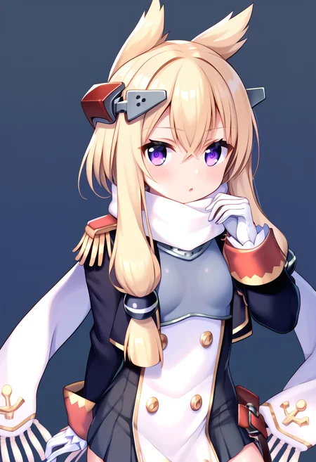score_9, score_8_up, score_7_up, score_6_up, score_5_up, score_4_up, source_anime,
BREAK,
solo, 1girl, standing, looking at viewer, 
scarf, white gloves,  <lora:warspite_azurlane_ponyXL_v1:1> warspite \(azur lane\), blonde hair, long hair, purple eyes, sidelocks, headgear,