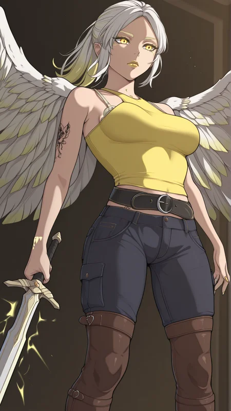 (masterpiece, best quality, newest, absurdres, highres),(anime coloring:2.4), 
1girl, A beautiful woman, vasiy, uriel, angel, pointy ears, two tone hair, white hair, yellow hair, yellow eyes, yellow lipstick, yellow nails, tattoo, wings, ponytail, yellow crop top, bra, jeans, belt, thigh boots, wedding ring, serious expression, holding sword,
emitting glowing energy, intense gaze, rusted, ornate, etching, (the underworld), dynamic angle
 <lora:Vasiy-Uriel_V2:1>