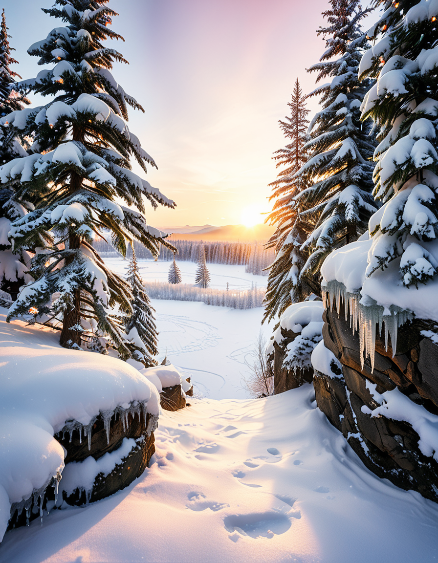 A breathtaking winter wonderland scene at dusk, with a snow-covered forest and a frozen lake reflecting the soft glow of the setting sun. Tall evergreen trees are dusted with fresh snow, their branches heavy and shimmering under the golden and pink hues of the sky. In the distance, a cozy wooden cabin with a smoking chimney emits a warm, inviting light through its frosted windows. The snow-covered ground glistens under delicate fairy lights hanging from tree branches, adding a magical atmosphere. Snowflakes gently fall from the sky, creating a serene and peaceful mood. In the foreground, a wooden bridge covered in snow crosses a small, partially frozen river, adding depth and charm to the composition. The entire scene feels enchanting and nostalgic, evoking the joy and tranquility of winter.
<lora:SDXLFaeTastic2400:0.4> <lora:extremely_detailed:0.4> extremely detailed ,<lora:winter_w0nd3rl4nd:1>,winter w0nd3rl4nd, Masterpiece,best quality,hi res,8k,hi res,8k,award winning,(sharp focus, intricate, highly detailed),