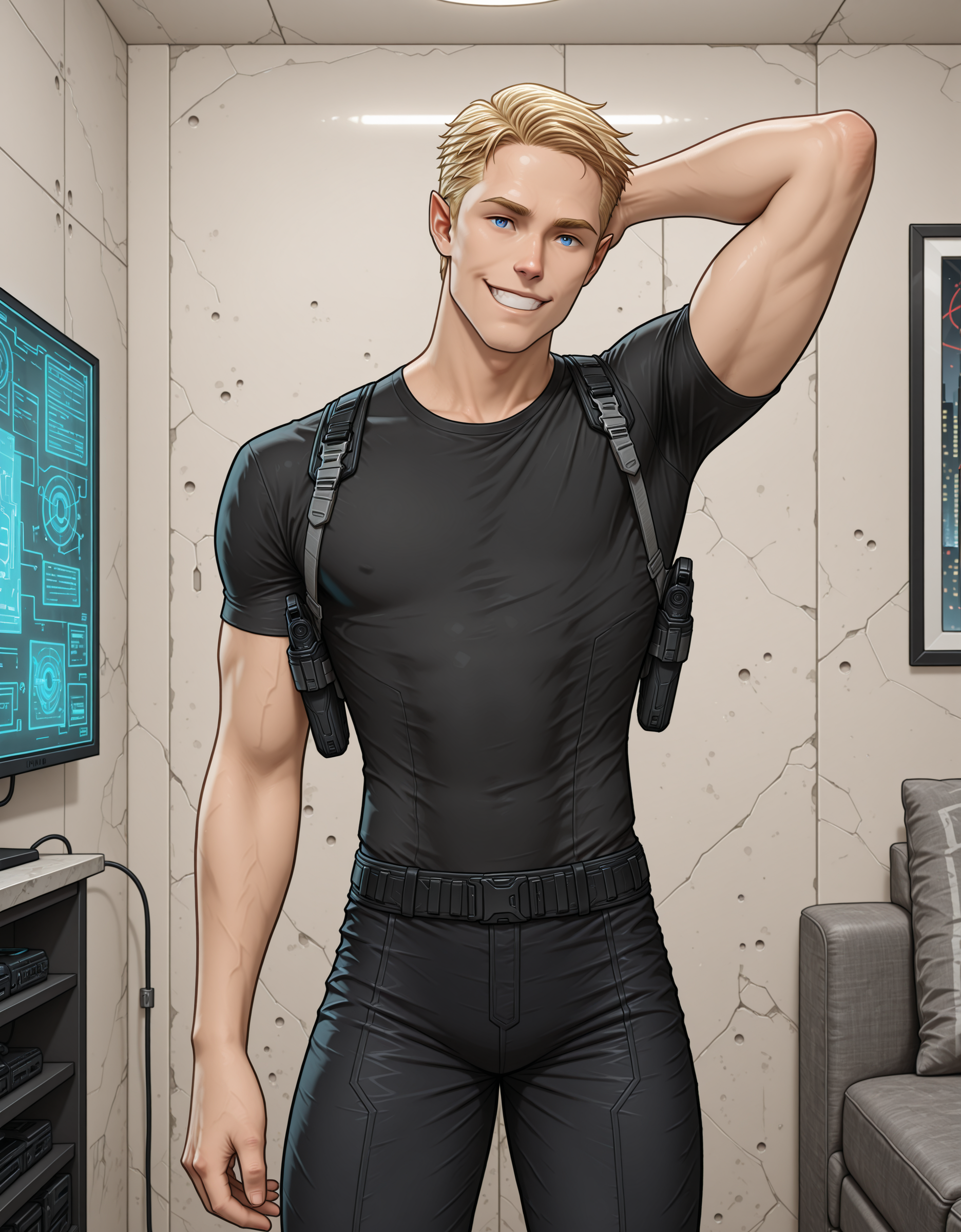 cyberpunk cityscape <lora:TyDecoy:1> 1boy, tydecoy, elf male, muscular, blonde hair, blue eyes, pointy ears,solo,
serious,
black pants, black shirt, standing, shoulder holster,
grin, dynamic pose, cowboy shot, hand behind head,
indoor, living room, hologram, concrete walls, scratch on wall,
futuristic, vibrant colors, high contrast, highly detailed
masterpiece,best quality,amazing quality,newest, absurdres, highres, detailed eyes, beautiful, perfect eyes, finely detailed face, very aesthetic,