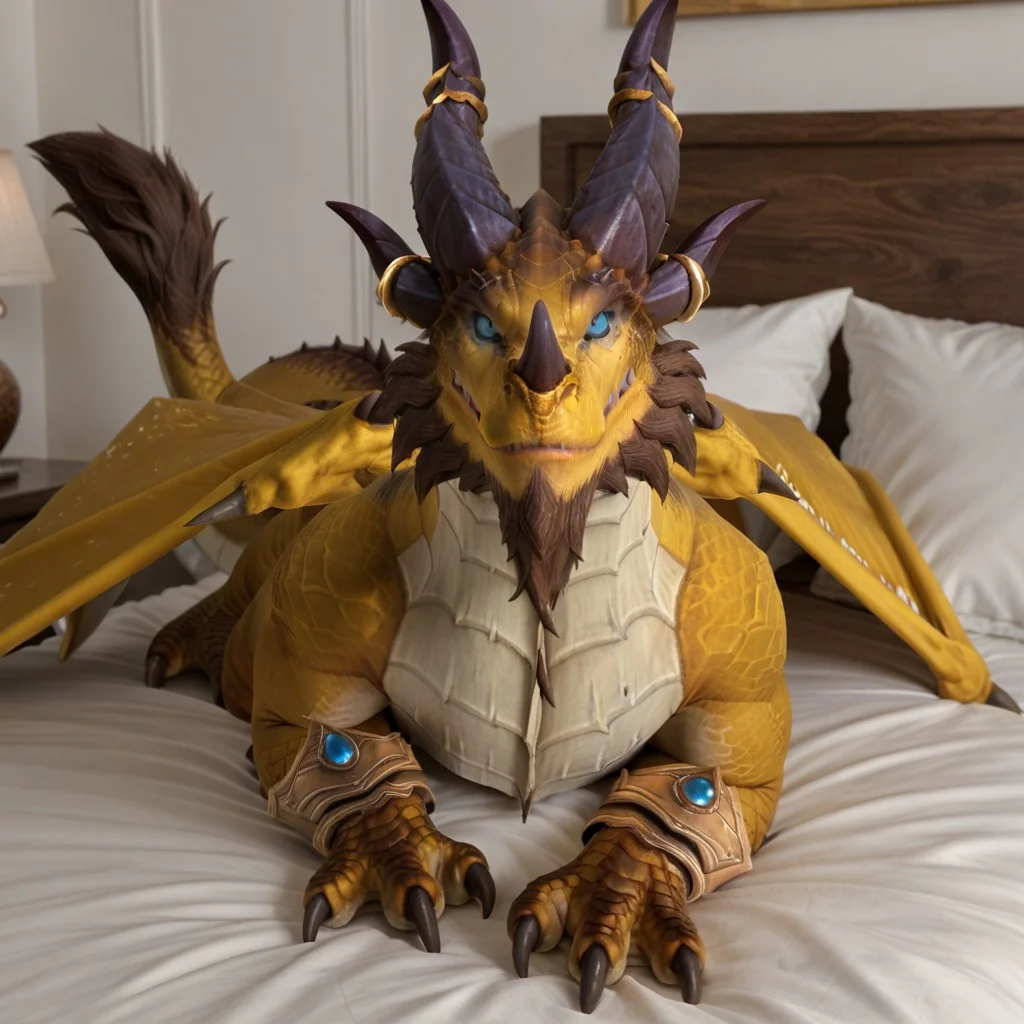 score_9, score_8_up, score_7_up, score_6_up, score_5_up, score_4_up, masterpiece, high quality, realistic, detailed, best quality, white bed, solo, rating_safe, source_furry, bedroom, smiling, seductive pose, lying on belly, looking at viewer, on bed, full body, nozdormu_wc, dragon, yellow scales, wings, horns, tail, tail end, claws, male, 1boy, blue sclera, black pupils, chest fins, feral