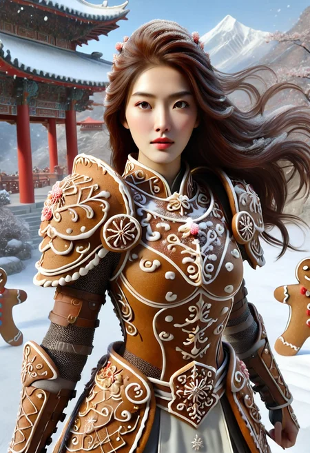GBKnight, masterpiece, best quality, stunning detail, highly aesthetic, absurdres, 1girl, solo, asian, beautiful girl, (fighting stance:1.2), (full gingerbread armor, intricately detailed armor, gingerbread shoulder guards, gingerbread breastplate, gingerbread sword), gingerbread-theme armor, medium-sized breasts, narrow waist, wide hips, 24 years old, intense gaze, serious expression, small delicate face, (detailed eyes, snowflakes in hair, snow on clothes:1.2), oval-shaped face, slight blush, long flowing hair, hair gently floating, black hair, light filtering through hair, outdoors in ancient China, set in a secluded mountain temple, breathtaking views, winding stone paths, covered in snow, falling cherry blossoms, delicate snowflakes drifting, above the clouds, tranquil atmosphere, east Asian architecture, surrounded by misty mountains.