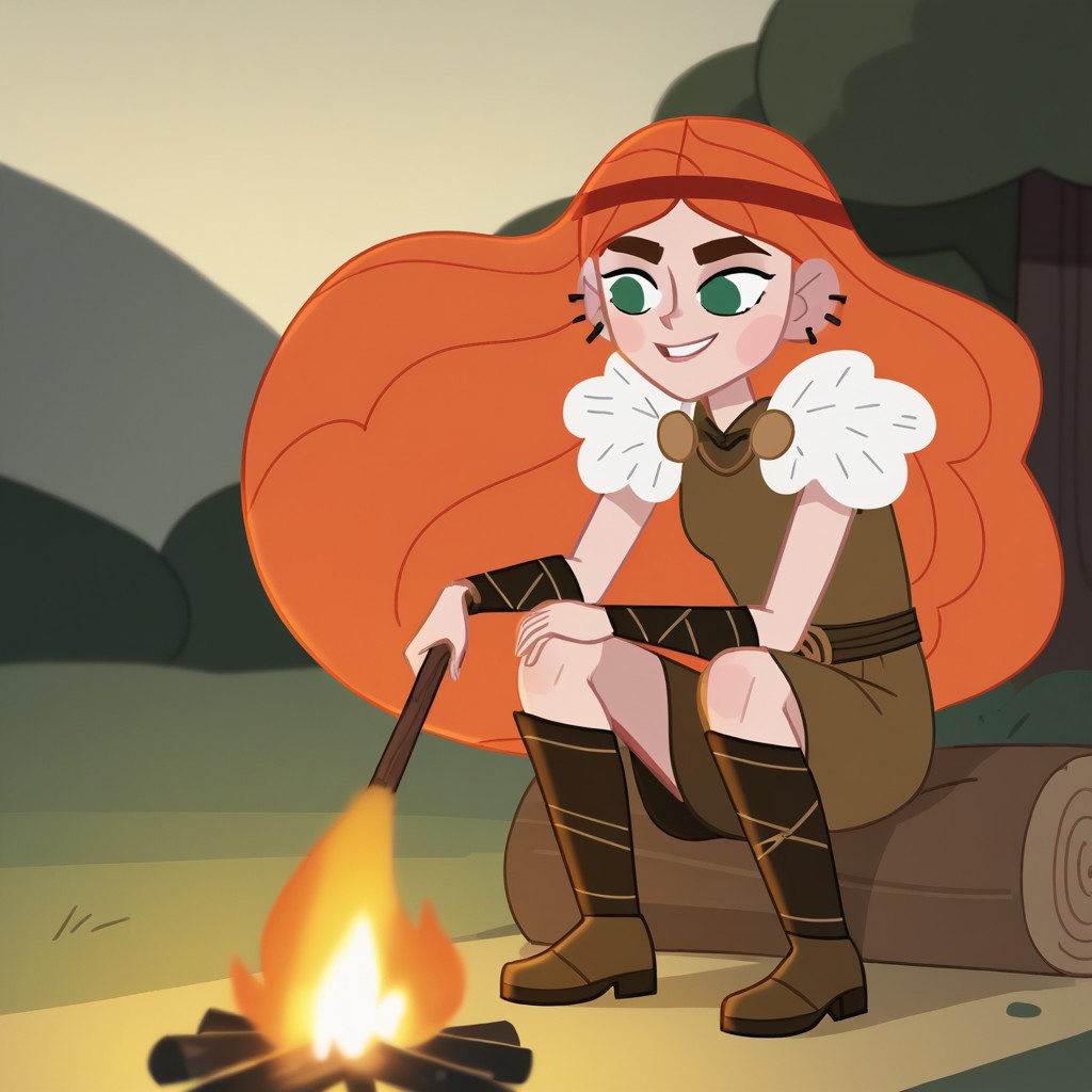 score_9, score_8, score_9, BREAK, ylva, orange hair, long hair, headband, green eyes, earrings, outdoors, campfire, natural lighting