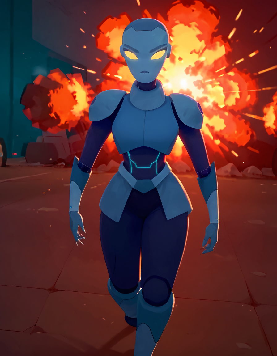 score_9, score_8_up, score_7_up, C-LA, robot, walking towards viewer, explosion in backgroud, cool gals don´t look at explosions meme