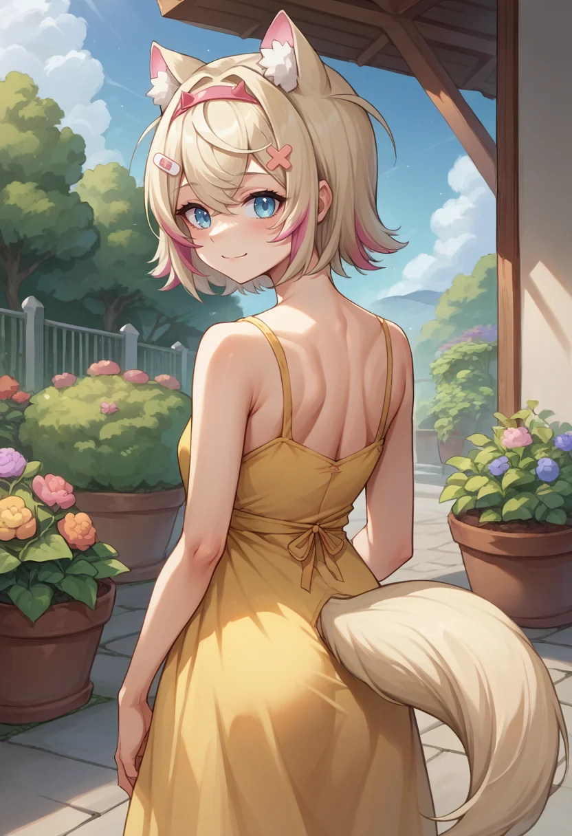 score_9, score_8_up, source_anime, 1girl, solo, MococoAbyssgard, short hair, streaked hair, hairband, hairclip, tail, from behind, yellow sundress, garden, day, sunshine, smile, looking back, <lora:ChamMococoAbyssgardPonyXL:1>