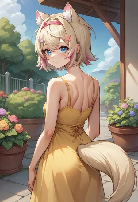 score_9, score_8_up, source_anime, 1girl, solo, MococoAbyssgard, short hair, streaked hair, hairband, hairclip, tail, from behind, yellow sundress, garden, day, sunshine, smile, looking back, <lora:ChamMococoAbyssgardPonyXL:1>
