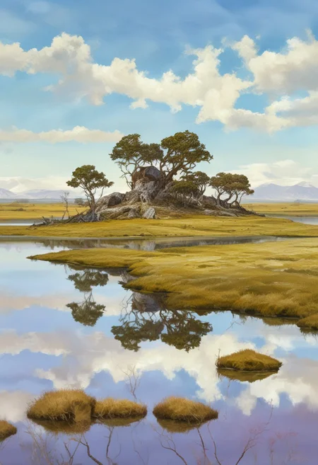 ((Highest quality:1.0),(High resolution:1.0), (masterpiece:1.0), (overview:0.6), beautiful and aesthetic:1.3), extreme detailed, colorful, highest detailed,((ultra-detailed)),(highly detailed CG illustration),((an extremely delicate and beautiful)),, Landscape oil painting, Floating islands in an unending skyscape, a bleak and desolate Moorland with scattered clumps of twisted birch trees. There are some flashes of purple heather, A floating island, looms over the scene and is covered in settlements which from this perspective are small.