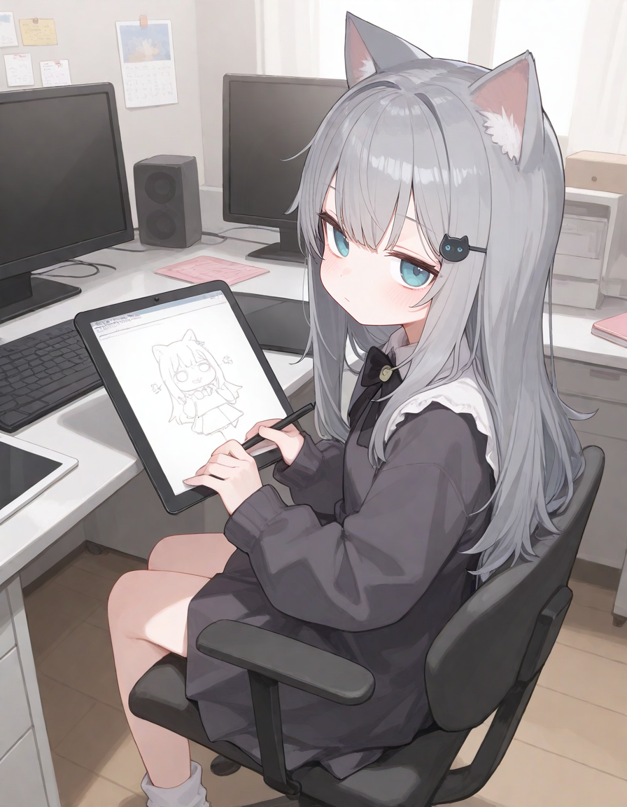 1girl, nachoneko, momoko \(momopoco\), sumiyao \(amam\), reel \(riru\), e-note, konnyaku \(kk-monmon\), ciloranko, ningen mame, wagashi \(dagashiya\), drawing tablet, computer, monitor, 
very awa, very aesthetic, masterpiece, best quality, amazing quality, absurdres <lora:dj_sloppa_ill_v2:0.1> <lora:nyaliaXLNBVP1lokrV6311P:0.1> <lora:n_XLNBVP1lokrV6311P:0.2> <lora:ricotte2:0.2>  <lora:748cmXLNBVP1lokrV6311PZ:0.2>