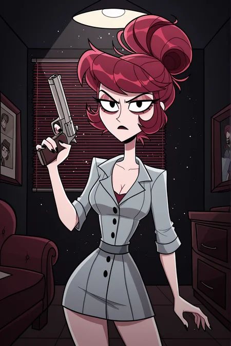 Detailed, details, h4zb1n,
Cozy room, venetian blinds lighting, low light, dark room, lined lighting, light particles,
Sexy woman-detective, detective, stern face,prom hairstyle, holding pistol in hand,
<lora:HazbinHotel-Illustrious-000017:1>