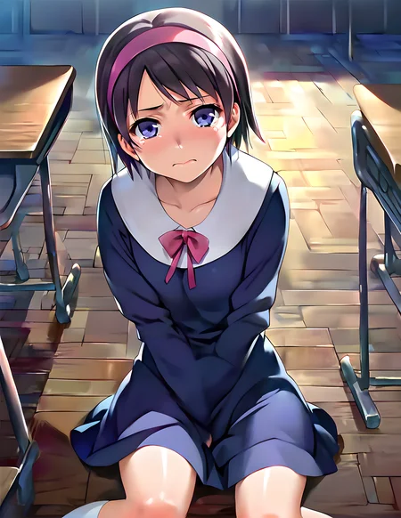 <lora:pony_xl_yuka:0.8>,yuka,score_9,score_8_up,score_7_up,source_anime,1girl,solo,looking_at_viewer,school uniform,dress,long_sleeves,white socks,kneehighs,shoes,wrinkling of clothes,black_background,no lighting,late night,darkness,decayed classroom,cracked floor,wooden floor,wooden desk,sitting on the floor,fear_kubrick,tearing_up,wariza,knees_together_feet_apart,cowboy_shot,