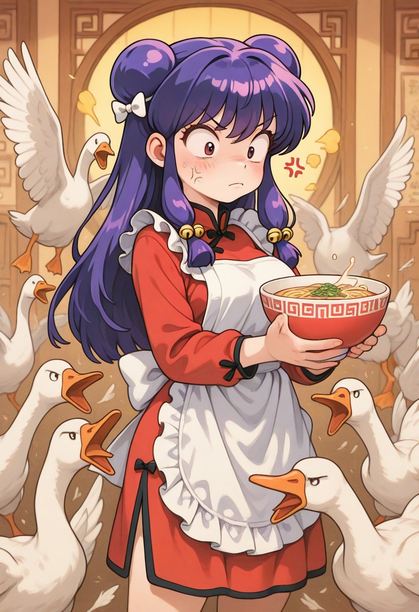 masterpiece,best quality,amazing quality,
(opossumachine:0.7),(toraishi666:0.5),colorfull,Vivid color, 
1girl,solo,shampoo_(ranma_1/2) ,
apron,
bell,
bow,
chinese clothes,
double bun,
dress,
hair bell,
hair ornament,
holding ramen bowl,
long hair,
maid apron,
purple hair,
red dress,
sidelocks,
star (symbol),
white bow,
anger vein,
goose ambush, 6+ geese,