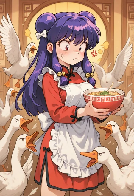 masterpiece,best quality,amazing quality,
(opossumachine:0.7),(toraishi666:0.5),colorfull,Vivid color,
1girl,solo,shampoo_(ranma_1/2) ,
apron,
bell,
bow,
chinese clothes,
double bun,
dress,
hair bell,
hair ornament,
holding ramen bowl,
long hair,
maid apron,
purple hair,
red dress,
sidelocks,
star (symbol),
white bow,
anger vein,
goose ambush, 6+ geese,