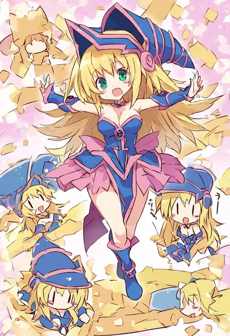 score_4,score_5,score_6,score_7_up,score_8_up,score_9 ((masterpiece,best quality,ultra detailed,highres,HD,4k:1.2)), 1 girl,solo,face focus,chibi,full body,deformed,| |,dark magician girl,long hair, blonde hair, hat, blue headwear, blush stickers, breasts, choker, bare shoulders, cleavage, blue dress, vambraces, pelvic curtain, pink skirt, happy,smile,open mouth,cheerful,blush,