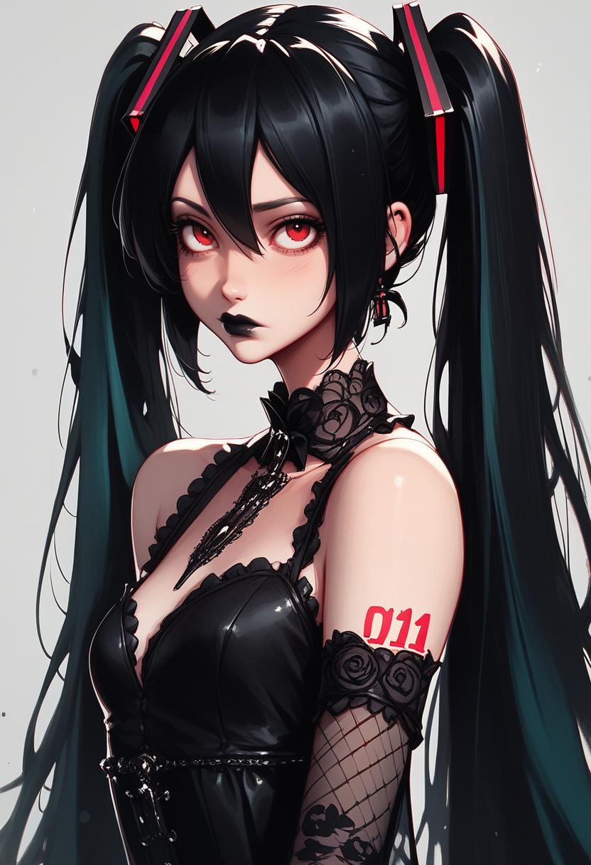 score_9, score_8_up, score_7_up, Goth girl, 1girl, hatsune miku, black lips, black hair, gothic dress, red eyes, gray background, closed mouth, <lora:add-detail-xl:0.4> , <lora:[GP] somethingweird [Pony XL]:0.2>, <lora:g0th1cPXL:0.3>,  <lora:Goth_girl_XL-v2:0.8> , <lora:raichiyo33XLP:1>