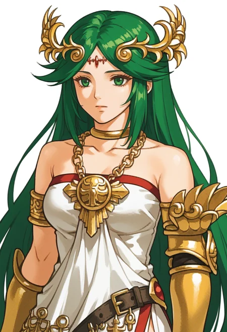 score_9, score_8_up, score_7_up, source_anime, 1girl, solo, 
<lora:zs_FE10PortraitsXL:1> fe10portraits, portrait, white background
 <lora:Palutena_pdxl_Incrs_v1:1> plutena, green eyes, green hair, parted bangs, long hair, large breasts, forehead jewel, diadem, neck ring, gold choker, jewelry, gold chain, pendant, necklace, vambraces, armlet, circlet, tiara, collarbone, bare shoulders, strapless dress, white dress, multiple belts, side slit,