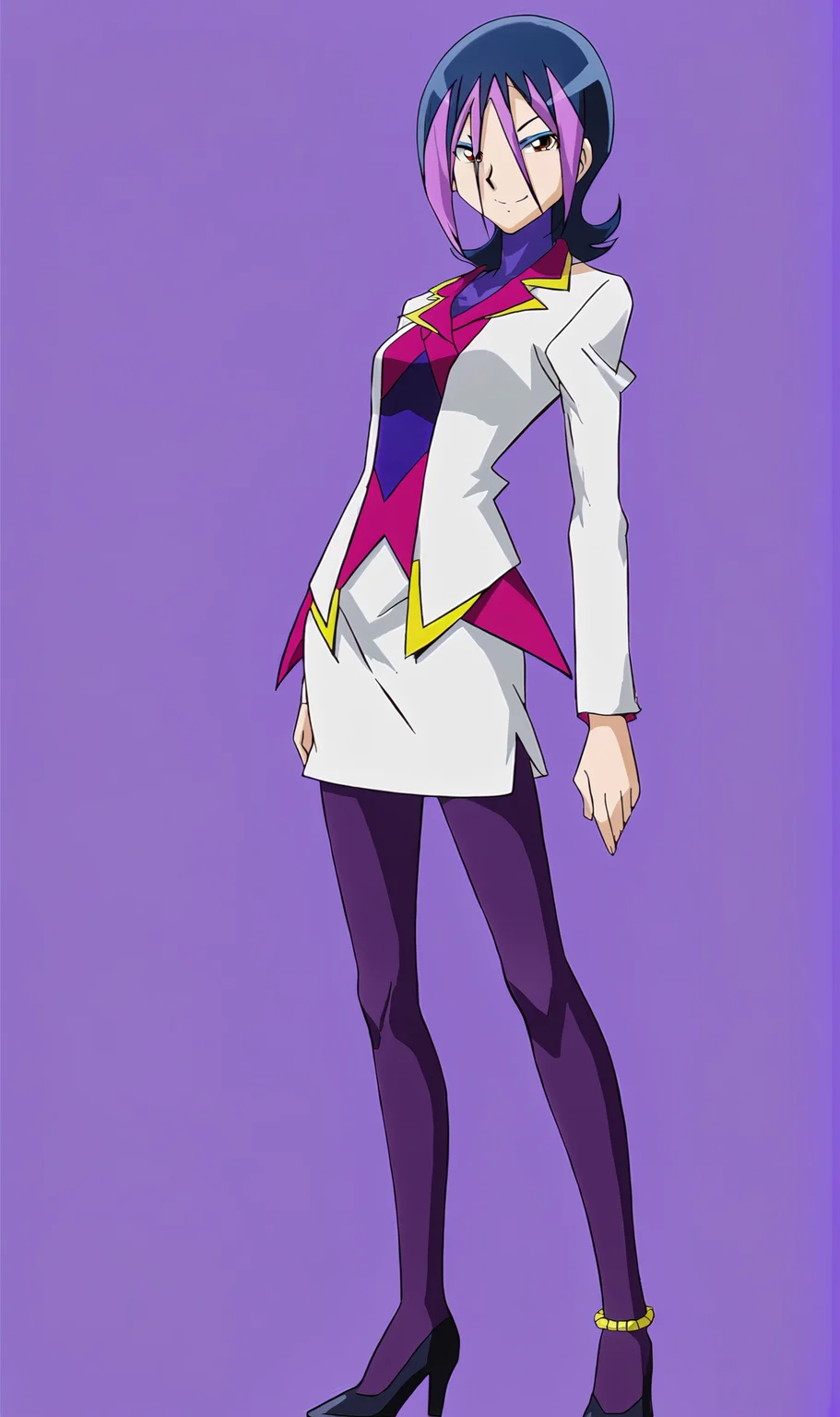 Dextra, 1girl, solo, multicolor hair, short hair, orange eyes, eyeshadow, suit, purple neck, pink jacket, white blazer, skirt, pantyhose, heels, anklet, standing, full body, looking at viewer, smile, simple background, purple background, anime coloring, <lora:Dextra Pony XL:1>