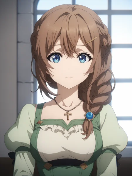 score_9, score_8_up, score_7_up, score_6_up, score_5_up, source_anime, smooth_anime,
solo, 1girl, jewelry, necklace, blue eyes, braid, upper body, brown hair, looking at viewer, breasts, hair ornament, long sleeves, closed mouth, puffy sleeves, dress, juliet sleeves, bangs, long hair, hairclip, medium breasts, window, sidelocks, cross necklace, single braid, green dress
 <lora:Goblin_Slayer:1>