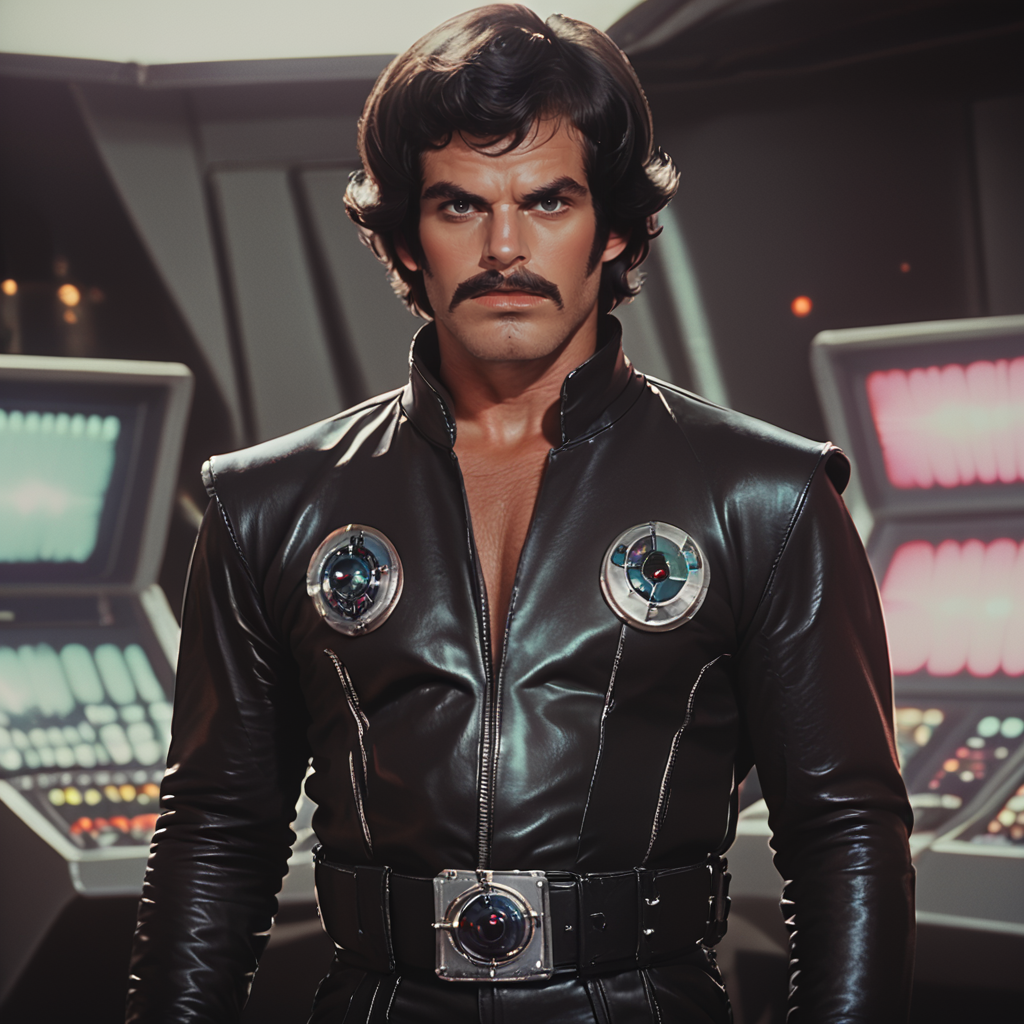Score_9, score_8_up, score_7_up, score_6_up, BREAK  <lora:70sSci-FiMoviePony:1>  ArsMovieStill, movie still from a 1970s technicolor Sci-Fi movie, The image is a still from a movie or TV show. It shows a man standing in a control room with various electronic devices and controls in the background. The man is wearing a black leather vest with a silver emblem on the left side of his chest. He has a mustache and dark hair and is looking directly at the camera with a serious expression. He appears to be in his late 40s or early 50s. The overall mood of the image is intense and futuristic., 1boy, male focus, facial hair, solo, black hair, mustache, realistic, belt, black eyes, looking at viewer