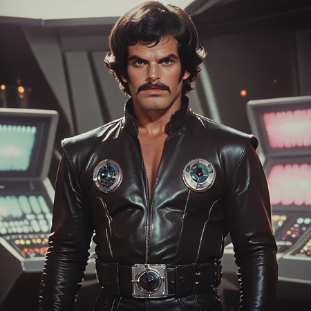 Score_9, score_8_up, score_7_up, score_6_up, BREAK <lora:70sSci-FiMoviePony:1> ArsMovieStill, movie still from a 1970s technicolor Sci-Fi movie, The image is a still from a movie or TV show. It shows a man standing in a control room with various electronic devices and controls in the background. The man is wearing a black leather vest with a silver emblem on the left side of his chest. He has a mustache and dark hair and is looking directly at the camera with a serious expression. He appears to be in his late 40s or early 50s. The overall mood of the image is intense and futuristic., 1boy, male focus, facial hair, solo, black hair, mustache, realistic, belt, black eyes, looking at viewer