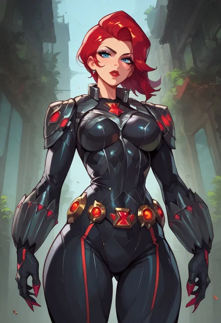 score_9, score_8_up, score_7_up, score_6_up, score_5_up, score_4_up, masterpiece, perfect face, perfect eyes, 4ng3l face, office background, sexy girl, 1girl, ((front view)), blckwdwmr, red hair, blue eyes, makeup, black bodysuit, armor, gloves, boots, belt, ((black bodysuit)), ((solo)),
standing, looking at viewer,