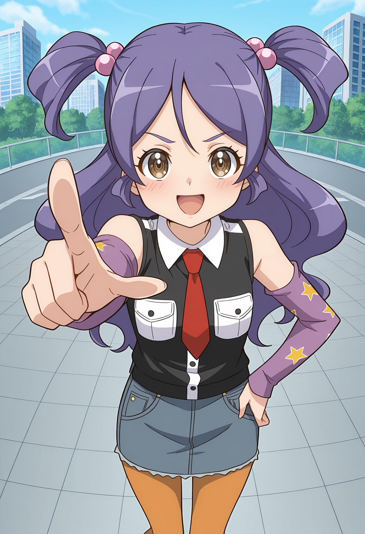 highres, best quality, masterpiece, outdoors, city, fisheye,
anime screencap,
1girl, solo, drlhylg, purple hair, long hair, two-side up, hair bobbles, brown eyes,
black shirt, two-tone shirt, pockets, bare shoulders, red necktie, detached sleeves, purple sleeves, star print, denim skirt, orange pantyhose,
looking at viewer, blush, smile,
standing, pointing at viewer, open mouth, 
<lora:_hu_yuling_dragon_lancer-elesico-ilxl:0.9>