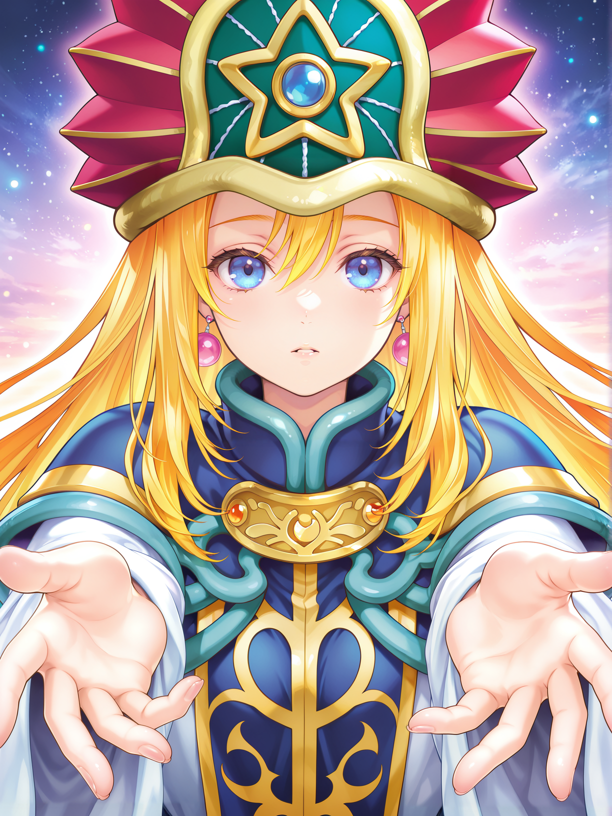 1girl,doriado,solo,pink earrings,upper body,red wizard hat,white robe,official art,looking at viewer,reaching towards viewer, 
masterpiece,best quality,amazing quality,very aesthetic,absurdres,newest,<lora:Doriado 4 in 1 illusXL v1.1:0.7>,