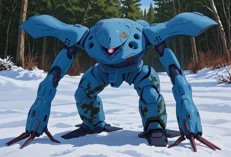 score_9, score_8_up, score_7_up, source_anime, front view, BREAK, ( hygogg, blue_hygogg_armor, blue camo, camo painted hygogg, pink monoeye, looking at viewer, leaning forward, long arms, very long arms, long claws) 1mech, blue camo painted mech, wide mech, large shoulders, large shoulder armor, mech focus, solo, BREAK, in snow, making snowman, waving, arm raised, two arms,