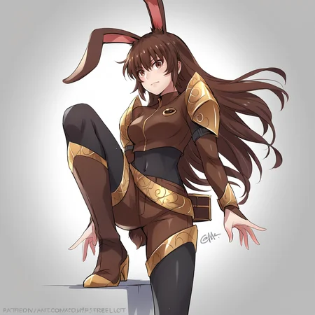 score_9, score_8_up, score_7_up, score_6_up, score_5_up, score_4_up, zPDXL2,1girl, solo, cowboy shot,on one knee, <lora:Velvet_Scarlatina_-_RWBY:0.8> velvet_rwby, rabbit ears, brown hair, rabbit tail, thighhigh boots, black body suit, brown armor,