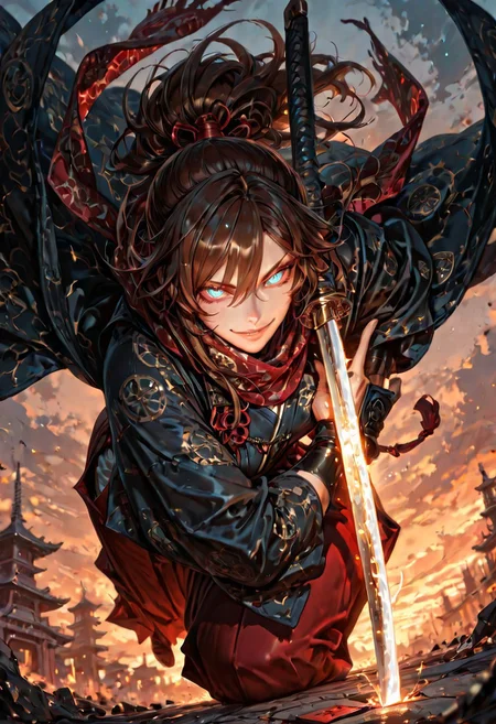 masterpiece, best quality,high quality, newest, highres,8K,HDR,absurdres, 1girl, mature female, solo, ponytail, long dark brown hair, glowing blue eyes, slit pupils, sexy smile expression, black and red checker patterned scarf, black kimono, haori, hakama pants, katana, samurai fantasy battlefield, stormy sky, dynamic pose, intense lighting, detailed background, depth of field, dynamic composition, foreshortening, detailed background, dynamic pose, dynamic composition,dutch angle, detailed backgroud,foreshortening,blurry edges <lora:iLLMythG0thicL1nes:1> G0thicL1nes