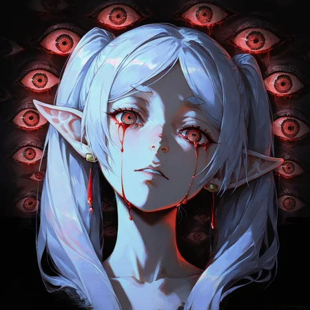 score_9,score_8_up,score_7_up, portrait, frontal view, bloody tears, Head very tilted to the left side, head tilt, masterpiece, anime, art, ultra-detailed, frieren, dark surreal glitch art style with subtle chromatic aberration, dramatic volumetric lighting, high contrast, soft film grain, many red-eyes in background, ArtStation quality digital painting, surrealism art, many eyes, trypophobia, glich