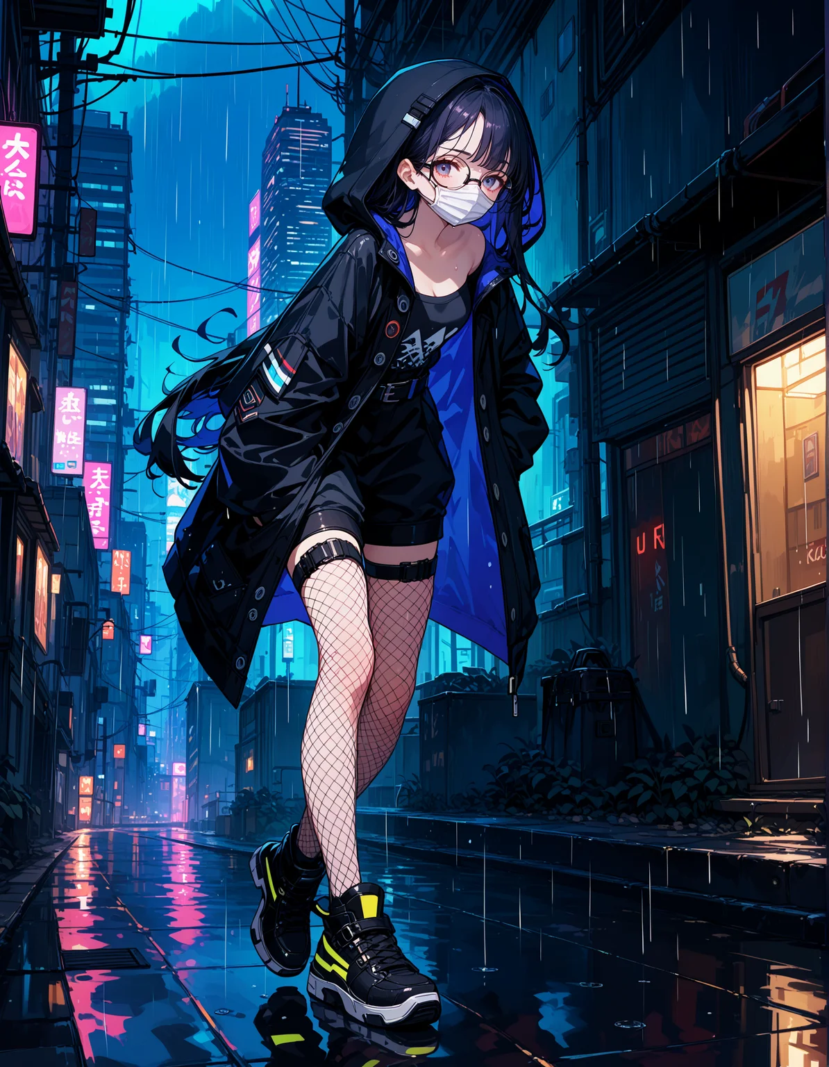score_9,score_8_up,score_7_up, hadrian, Cyberpunk female ninjaï¼(face mask)ï¼long hairï¼beautiful detailed faceï¼(Glasses)ï¼stylish shoesï¼Neon-lit cityscapeï¼futuristic gadgetsï¼Stylish cybernetic enhancementsï¼beltï¼(Hanging high-tech dagger)ï¼Black leather tightsï¼Hooded tactical capeï¼fishnet stockingsï¼Shadows and reflectionsï¼Heavy rain and steamy alleyï¼mediumï¼cartoonï¼studio lightingï¼Vibrant colorsï¼Defocused