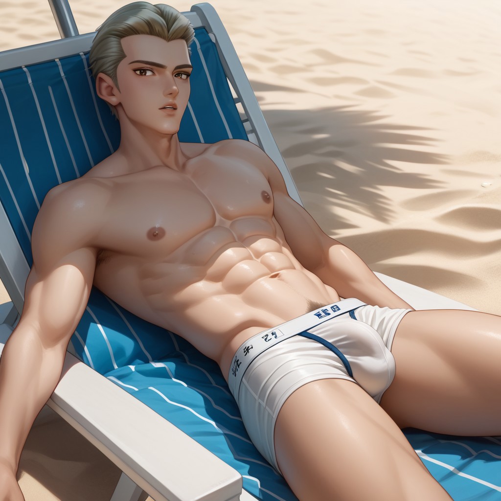 score_9, score_8_up, score_7_up, 1boy, solo, AoBingDe, white blonde hair, hair slicked back,  brown eyes, light pale skin, young man, parted lips, dynamic angle, looking at viewer, male model leaning back, relaxed, relaxing in a beach chair, confident, abs, pecs, nipples, v-line, underwear, bulge, pubic hair, relaxed and carefree vibe, outdoors, beach, sunlight, high quality, hd render,