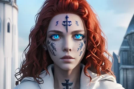 bright red hair, human female, (feminine:1.7), (beautiful face, detailed face:1.6), (beautiful eyes, detailed eyes:1.7), (looking at viewer, eye contact, intense:1.6), (long hair, red hair, curly hair:1.3), , ((masterpiece, best quality, high resolution, realistic, best quality,)), photo realistic, Perfect Face, (detailed face). <lora:GoodHands-vanilla:0.6> <lora:add-detail-xl:0.8>, mage, (Dress White military uniform coat), dagger, rune dagger, glowing runes, , (((glowing magic symbols tattoos, religious tattoos))), ((face tattoos)), glowing tattoos, stone tower in the background