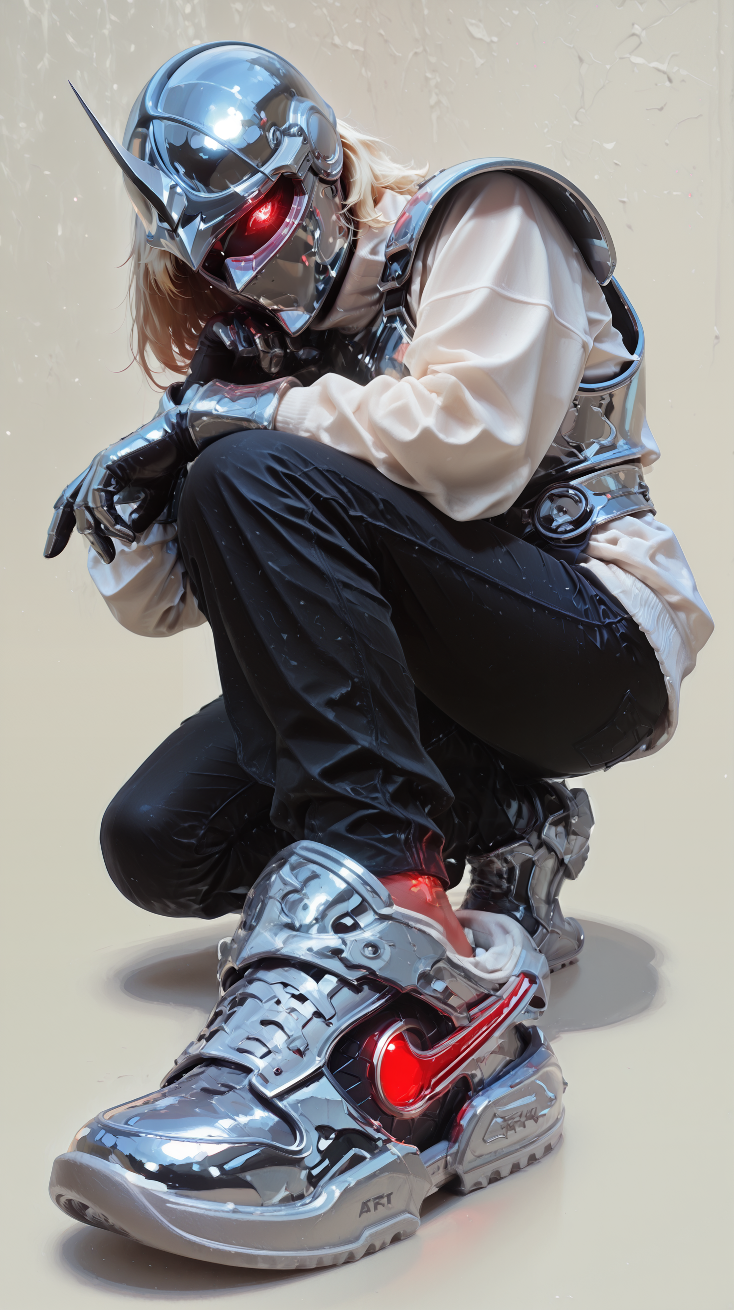 embedding:Stable_Yogis_PDXL_Positives, embedding:Stable_Yogis_PDXL_Positives2, embedding:lazypos,  1girl, Plate armor, chrome armor, knight helmet, plated gloves, Artfkt void, clean black and red futuristic sneaker, detailed sole design, soft shadow, glowing red swoosh, embossed details, swoosh detail, glow, white sweater, black jeans, 1other, white background, chrome_core_style, masterpiece, best quality, amazing quality, very aesthetic, absurdres, newest, (scenery, volumetric lighting), 8k, detail, sharp focus, HDR, raytracing
