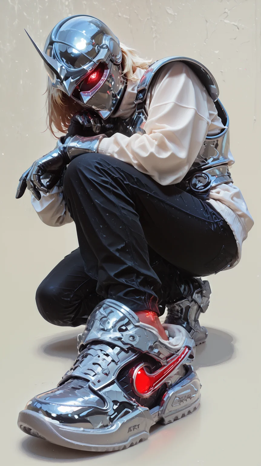 embedding:Stable_Yogis_PDXL_Positives, embedding:Stable_Yogis_PDXL_Positives2, embedding:lazypos,  1girl, Plate armor, chrome armor, knight helmet, plated gloves, Artfkt void, clean black and red futuristic sneaker, detailed sole design, soft shadow, glowing red swoosh, embossed details, swoosh detail, glow, white sweater, black jeans, 1other, white background, chrome_core_style, masterpiece, best quality, amazing quality, very aesthetic, absurdres, newest, (scenery, volumetric lighting), 8k, detail, sharp focus, HDR, raytracing