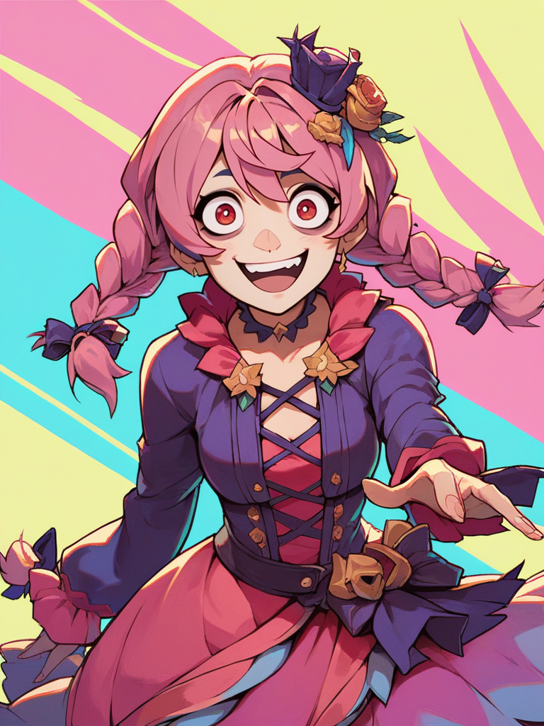 score_9, score_8_up, score_7_up, 1girl, very cute face, pink hair, rags, dress, long sleeves, red eyes, front, crazy eyes, twin braids, idol, looking at viewer, simple colorful background, dynamic pose, cowboy shot, hair ornament,
 <lora:2XKO_style:1>, 2XKO, wide shot,